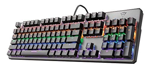 Image of Trust Gaming GXT 865 Asta RGB Mechanical Gaming Keyboard, Red Switches (Linear and Silent), Rainbow Backlit Keys, Metal Top Plate, UK Layout, Black