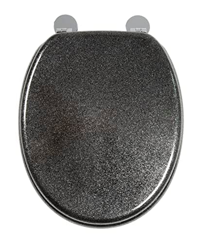 Image of Croydex Black Quartz Flexi-Fix Toilet Seat - Adjustable Hinges with Top & Bottom Fixings Included and Rust Free Chromed Plated Hinge Covers, Antibacterial Treated Surface (Black)
