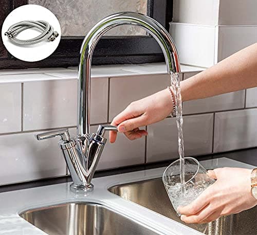 Image of Kitchen Sink Mixer Tap Swivel Spout Dual Lever Faucet Monobloc Hot & Cold Taps 360° Swivel Spout Modern Chrome Kitchen Mono Sink Basin Mixer Tap