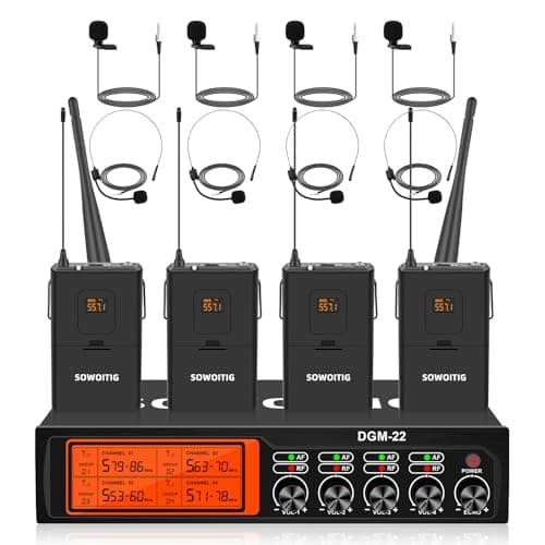 Image of SOWOITIG Wireless Lavalier Microphone System with Headset & Lapel Mics, 4-Channel UHF Cordless Microphone Set with Metal Receiver, 193 m Range for Singing, Church, Karaoke, Weddings & Events