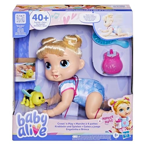 Image of Baby Alive Crawl 'n Play Harper Hugs Electronic Crawling Baby Doll Set, Blonde Hair, Kids Toys for Girls & Boys 3 Years & Up, 27 cm/10.75 inches