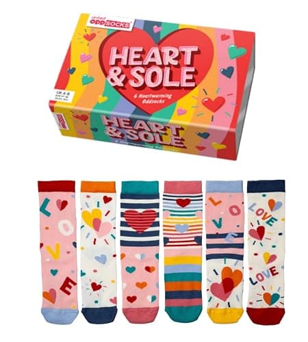 Image of United Oddsocks Heart & Sole, 6 Heart-Themed Oddsocks Valentine’s Gift Set for Women, UK Size 4–8, EUR 37–42, US 6.5–10.5, Colourful Mix & Match Socks in Love Box, Calf-Length Cotton