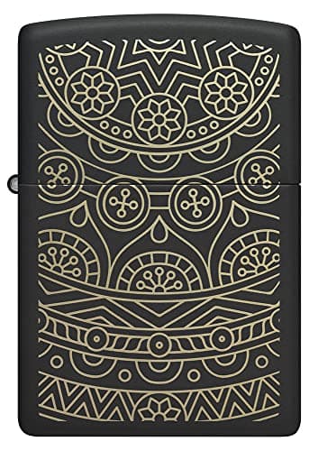 Image of Zippo Windproof Lighter - Gold Ornate Pattern - Black Matte Finish, Laser Engraving - Refillable - Reusable - Windproof Design - Gift Box - Metal - Made in USA