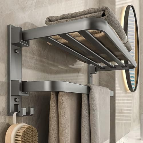 Image of yozhch Grey Towel Rail with Hooks, 2-Tier Towel Rack Wall Mounted Bathroom Towel Holder, Double Fold Towel Rail with Shelf, Bath Towel Storage Self Adhesive (23-Inch)