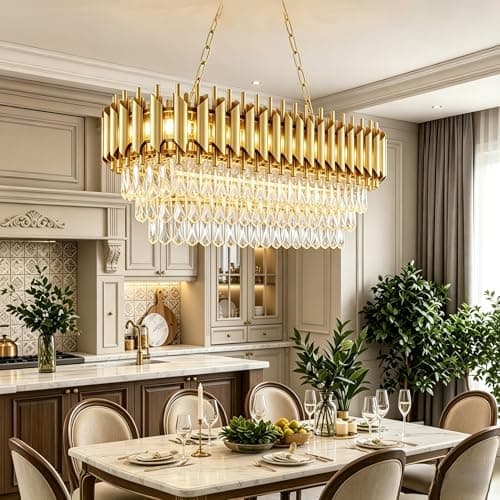 Image of MSSIAN Modern Gold K9 Crystal Chandelier, Rectangular 8-Light E14 Socket Ceiling Fixture, Luxury Hanging Lighting for Dining Living Room Bedroom L80CM