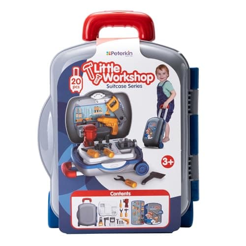 Image of PETERKIN | Little Workshop Wheelie Case Toy | 20 piece, brightly coloured, workshop tool kit in a 34 cm wheelie case with retractable handle | Roleplay Toys | Ages 3+