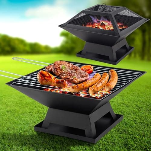 Image of Green Habitats Square Fire Pit and BBQ Grill Outdoor Garden Firepit Brazier Stove Patio Heater - Great for Camping, Picnics or Garden
