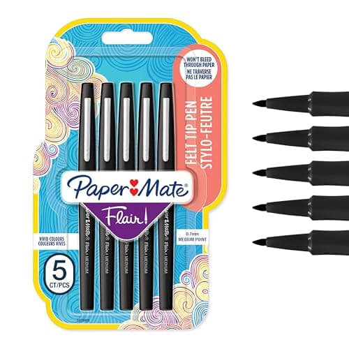 Image of Paper Mate Flair Felt Tip Pens | Medium Point (0.7 mm) Writing Pens | Black Pens | For Writing, Drawing & Sketching | 5 Count