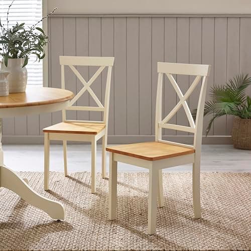 Image of Furniturebox UK Wooden Dining Chairs - 2x Millford Cream & Oak Effect Solid Wooden Dining Chairs - Cross Back - Modern Rustic Farmhouse Furniture - Solid Rubberwood