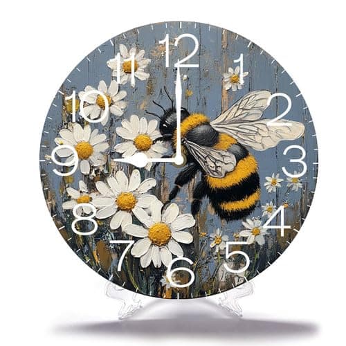 Image of Geroclonup Wood Wall Clocks Bee And Daisy Frameless Battery Operated Silent Quartz Alphabet Letters Shabby Chic Clock for Living Room Office Home Kitchen Bathroom 25cm