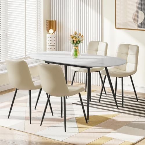 Image of Luxstein Extendable Dining Table and Chairs Set 4, 120-160cm Oval Mable Effect Table with 4 Beige Upholstered PU Leather Chairs for Dining Room, Kitchen