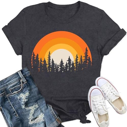 Image of Qskall Hiking T Shirts Women Adventure Shirt Forest Sunset Tee Outdoor Camping Tops Grey