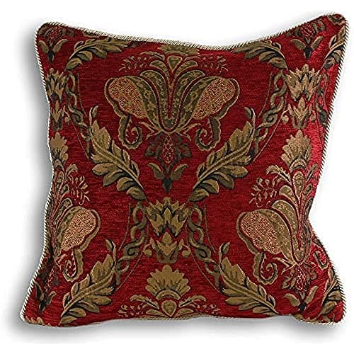 Image of Shiraz Large Square Cushion Cover - Burgundy Red - Embroidered Damask Jacquard - Gold Piped Edges - Reversible - Zip Closure - 100% Polyester - 58 x 58cm (23" x 23" inches) - Made by Riva Paoletti