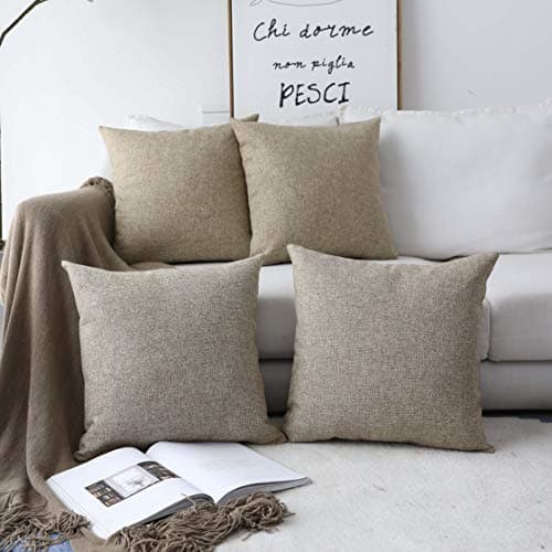 Image of Home Brilliant Cushion Covers 45 x 45 Faux Linen Square Handmade Throw Pillows Cover for Sofa, 45x45 cm, 18 inch, Natural Linen, Set of 4