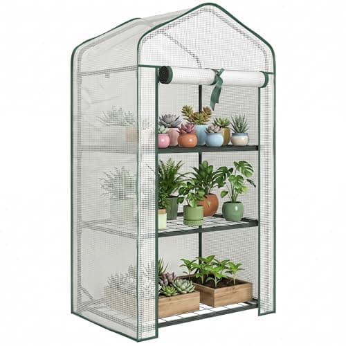 Image of Outsunny 3 Tier Mini Greenhouse with Reinforced PE Cover, Portable Indoor Outdoor Greenhouse with Roll-up Door and Wire Shelves, 127H x 59W x 39D cm, White