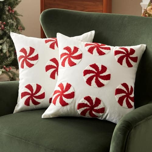 Image of Sonvie Christmas Cushion Covers Set Of 2 with Peppermint Decor for Christmas, Soft Decorative Square Throw Pillow Cover 45x45cm (18x18 in), Pillows Cases for Bedroom Sofa Couch Decorations
