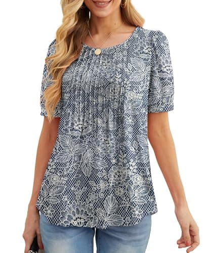 Image of GRECERELLE Womens Summer Tops Casual Dressy Soft Short Sleeve Tunic Front Pleated Spring Crew Neck Tees T-Shirts Loose Blouse for Ladies (Navy Blue Flower, XL)