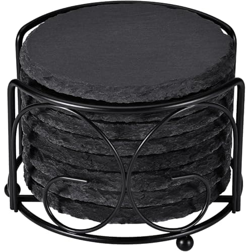 Image of Slate Drink Coasters with Metal Holder, GOH DODD Set of 8 Black Coasters, 4 Inch Stone Coaster Set Coffee Table Decor Tabletop Protection for Home Kitchen Housewarming Gifts Wedding Party, Round