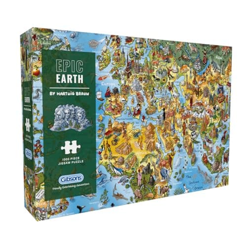 Image of Gibsons Epic Earth 1000 Piece Jigsaw Puzzle for Adults – Illustrated World Map by Hartwig Braun – Challenging Educational Geography Puzzle – Premium Sustainable Gift for Map Lovers