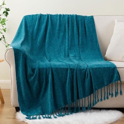 Image of BATTILO HOME Teal Blue Throw Blanket for Sofa Bed Couch, Soft Cozy Chenille Throw Blanket with Fringe Tassels, Lightweight Knit Throw Blankets for Home Decor,130×150cm