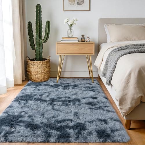 Image of iEvery Rugs for Living Room 120x160 cm - Fluffy Shaggy Area Rug for Bedroom, Soft Non Slip High Pile Modern Floor Carpet for Kids Room, Blue and Grey
