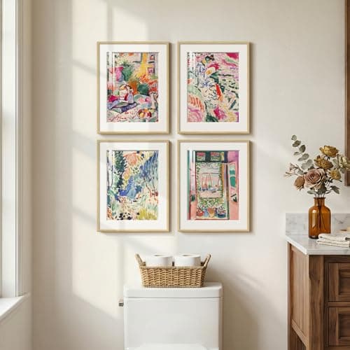 Image of Framed Matisse Wall Art Set of 4, Colorful Abstract Landscape Wall Painting Prints, Vintage Retro Aesthetic Wall Decor for Bedroom Bathroom Living Room Hallway Office 11x14 Inch