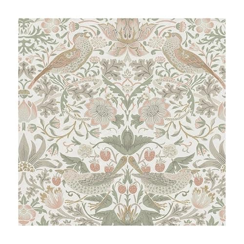 Image of William Morris at Home Strawberry Thief Sage & Pink Wallpaper | Paste the Wall | Green Bird | Eco-Friendly