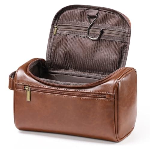 Image of Leather Toiletry Bag, Etercycle Hanging Wash Bag PU Travel Toiletry Bag Waterproof Bathroom Bag for Men and Women Travel Makeup Organizer (Brown)