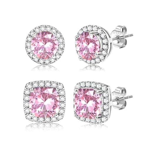 Image of Dochais 2 Pairs Cubic Zirconia Stud Earrings for Women Men Hypoallergenic 925 Sterling Silver Post Earrings 14K Gold Plated Round & Square Brilliant Simulated Diamond Earring Studs Silver P