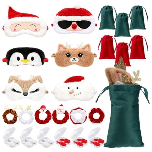 Image of Chicingyou 24pcs Christmas Sleep Mask Plush Eye Mask with Satin Travel Bag Cartoon Animal Blindfold Elastic Scrunchie Ear Plugs Christmas Sleep Eye Cover for Women Xmas Party Favor Home Bed Traveling