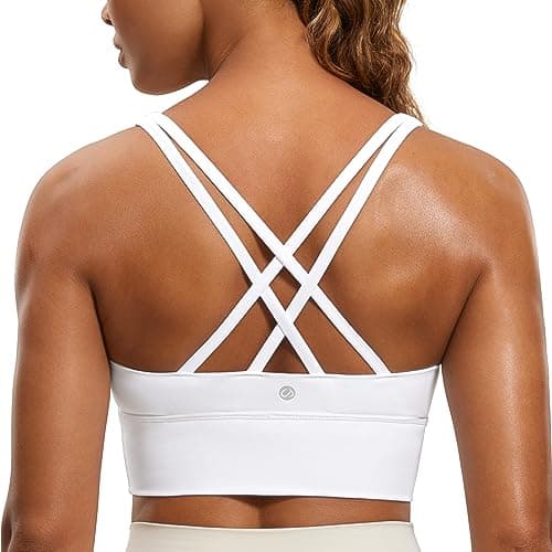 Image of CRZ YOGA Women's Strappy Sports Bra Medium Support Padded Bra Wireless Longline Workout Crop Top White 10