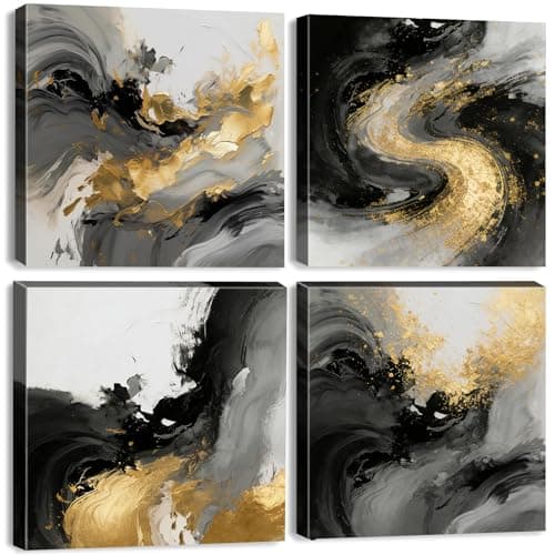 Image of Abstract Wall Art Black and Gold Wall Pictures for Living Room Abstract Grey White Canvas Painting Modern Minimalist Wall Decor Luxury Artwork for Bedroom Office Hallway Decoration 30x30cm 4Pcs