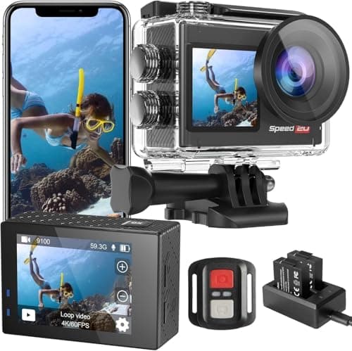 Image of Hiicam Action Cam 4K60FPS 40MP WiFi Underwater Camera 40M Waterproof Ultra HD Touchscreen 170° Ultra Wide Angle Ice Stabilisation 5X Zoom, 2.4G Remote Control and 2 Batteries 1350mAh