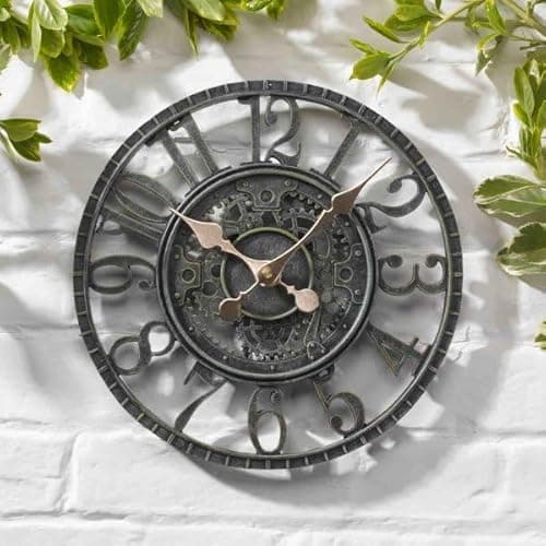Image of Garden Mile® Vintage Open Face Green Effect Wall Clock - Power Operated Waterproof and Weatherproof Large Garden Clock - Indoor or Outdoor Decorative Ornament Clock for Living Room, Home Decor (30cm)