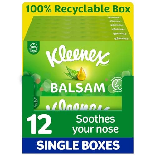 Image of Kleenex® Balsam Facial Tissues - Pack of 12 Tissue Boxes - Balm Tissues Protect and Soothe Your Nose When You've Got a Cold - Balmcare® with Aloe Vera, Vitamin E and Calendula