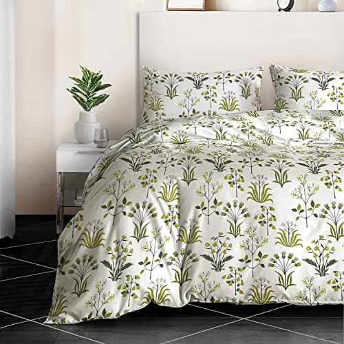 Image of RAYBedding 3PCS King Size Duvet Cover Set 100% Egyptian Cotton Bedding King Size Bed Set 400 Thread Count Floral Printed Fern Green Duvet Cover King with Pillow Cases 2 Pack