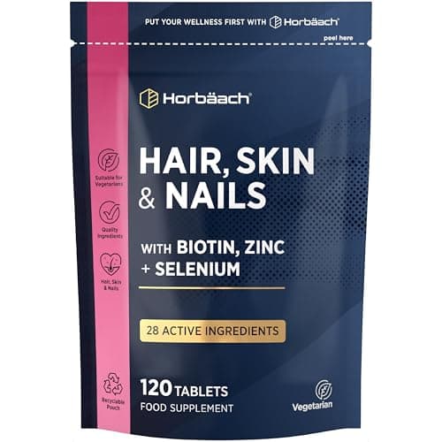 Image of Hair Skin and Nails Vitamins | Biotin Hair Growth | 28 Actives with Biotin, Zinc and Selenium | One-A-Day Formula | Beauty Supplement for Women and Men | 120 Vegetarian Tablets | by Horbaach