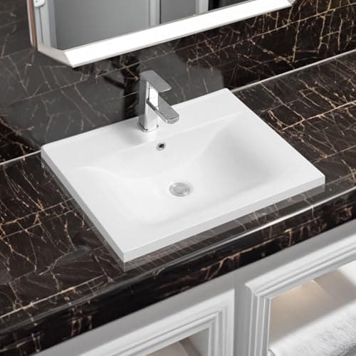 Image of Limoge 5089 Ceramic 61cm Thin-Edge Inset Bathroom Basin with Dipped Bowl - Modern Drop-in Self-Rimming Top-Mount Rectangular Sink for Vanity or Countertop Installation