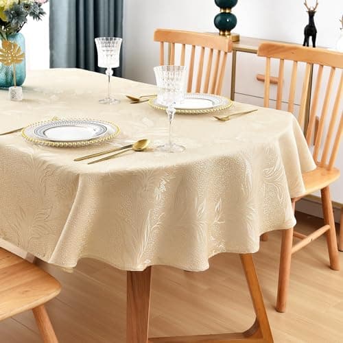 Image of Wolkemer Oval Jacquard Tablecloth Beige Floral Countryside Leaves Damask Patterns Table Cloth Cover for Dinner Kitchen 60 x 84 Inch