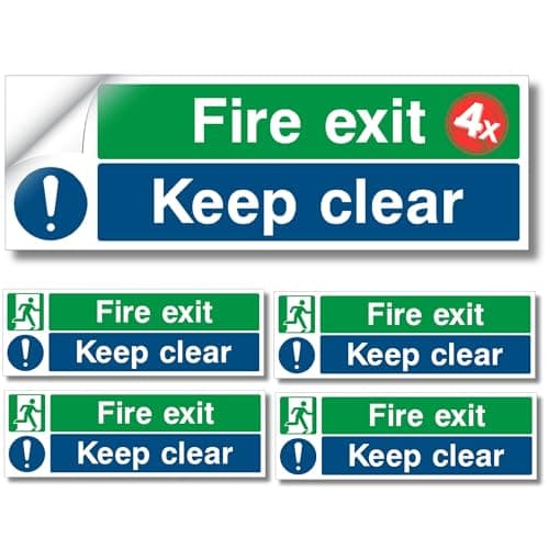 Image of Fire Exit Keep Clear, Safety Signs, Self Adhesive Vinyl 4Pcs, Waterproof Decals Set, (BS-5499) compliant, 300mm x 100mm, Door Signs, for Indoor Outdoor Use - Made In UK by PrintKings