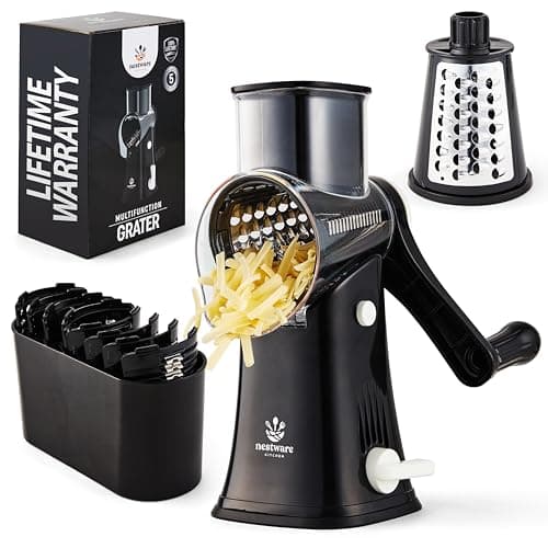 Image of Nestware Kitchen Rotary Cheese Grater 5 Blade Cheese Shredder Reinforced Suction & 5 Interchangeable Drums - Easy to Use, Vegetable Chopper - Black