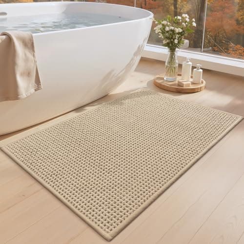 Image of COLOR&GEOMETRY Chenille Rubber Backed Beige Bath Mat- Non Slip, Absorbent, Quick Dry, Washable- 40 x 60 CM Small Bathroom Mat Thin Bathroom Rug Fit Under Door