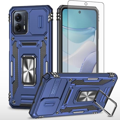 Image of Asuwish Phone Case for Motorola Moto Edge 30 Neo with Tempered Glass Screen Protector and Slide Camera Cover Magnetic Ring Holder Kickstand Accessories MotoEdge 30Neo 30 Lite 2022 Women Men Navy Blue