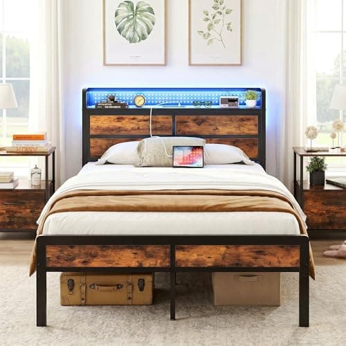 Image of IRONCK Small Double Bed Frame with Storage Headboard & LED Lights, Platform Bed Frame Small Single with Charging Station, Metal Bed Frame, UnderBed Storage/Mattress Foundation, Vintage Brown