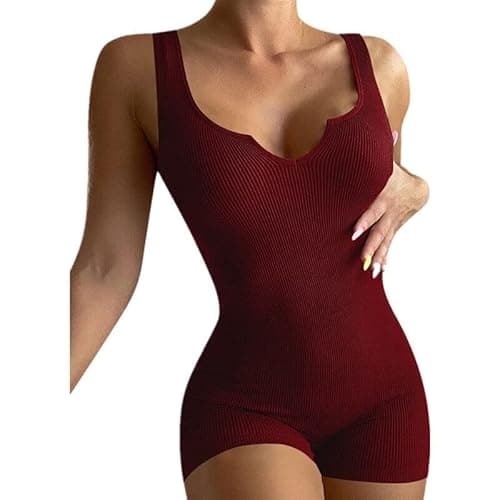 Image of Boolavard Womens Sexy Ribbed Sleeveless Bodysuit Stretch Leotard Shorts Romper Jumpsuit (M, Wine Red)