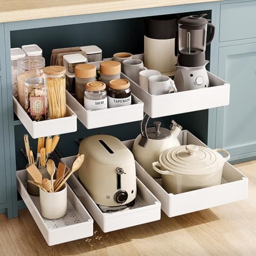 Image of SOLEDI 3 Pack Pull Out Cabinet Organizer, Pull Out Drawer for Kitchen Cupboard, No Punch for Kitchen Cabinets, Bathroom Cabinet Organizer, Pantry, Slide Out Drawers Shelf Storage, Cream White 3 Sizes