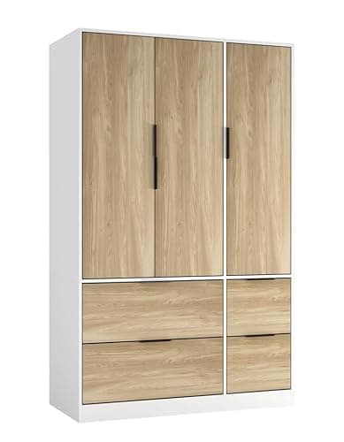 Image of URBNLIVING 3 Door Wardrobe with 4 Drawers – Wooden Bedroom Storage Cupboard with Hanging Rail for Clothes - White Unit & Oak Doors & Drawers