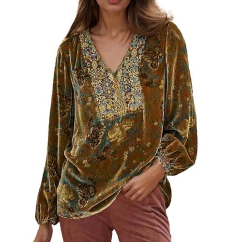 Image of Womens p𝐚rty Top Womens V Neck Floral Print Velvet Shirt Casual Long Sleeve Top Blouse Oversized Boho Embroidered Tunic Shirts Womens Long T Shirt (Yellow, S)