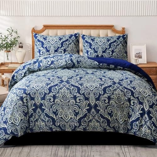 Image of B&B Duvet Cover Set King Size, 100% Rich Cotton Comforter Cover Bedding Sets - Soft, Thick Anti-Allergy Printed Quilt Covers with 2 Pillow Shams (Damask Blue)