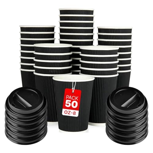 Image of Zuvo 50 Pack Takeaway Coffee Cups with Lids | Disposable Insulated Triple Wall Ripple Kraft Paper Coffee Cups for Takeaway Coffee, Tea or hot Liquids | Pack of 50 (8 Oz.), Black